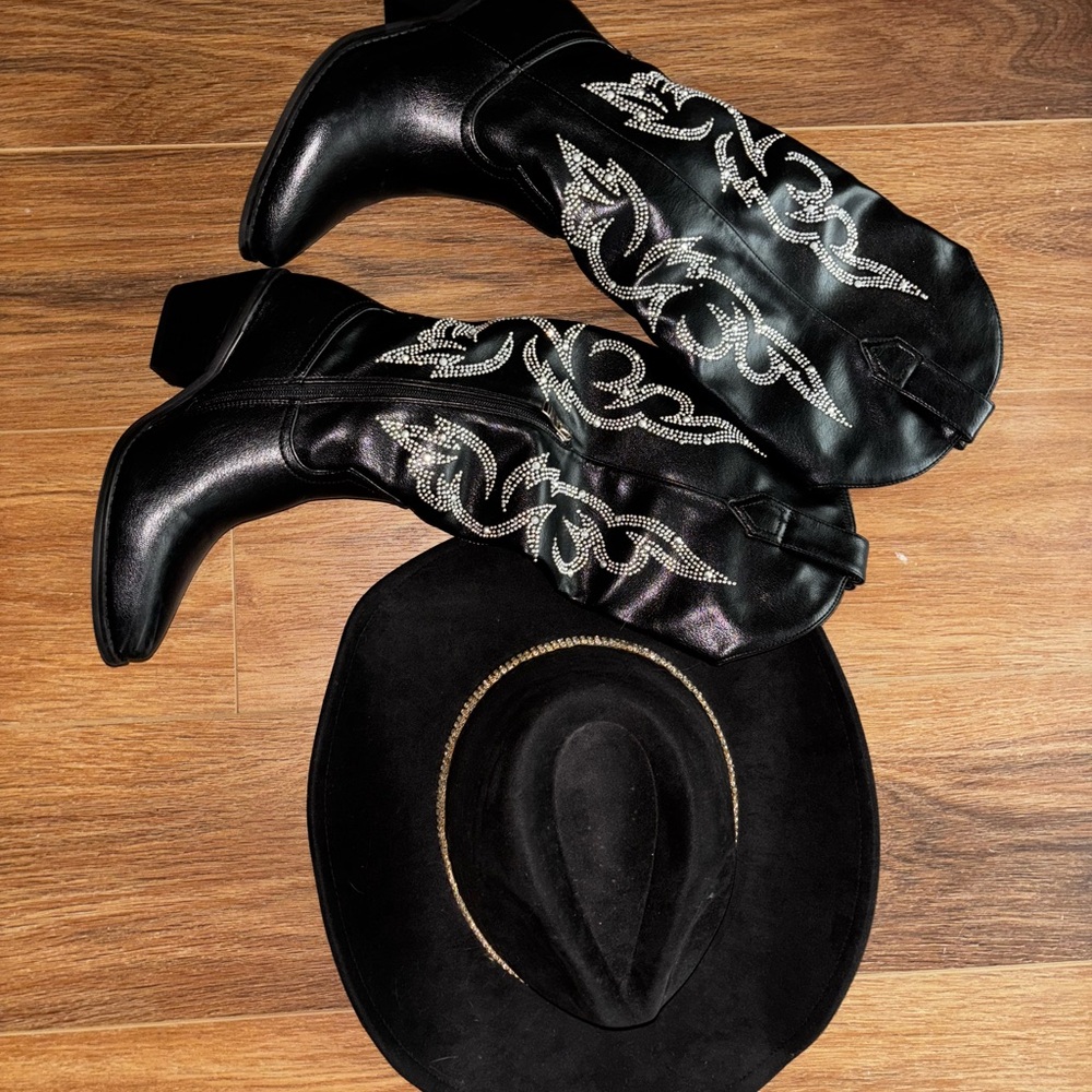 Amazon Black Heeled Boots with Silver Embroidery